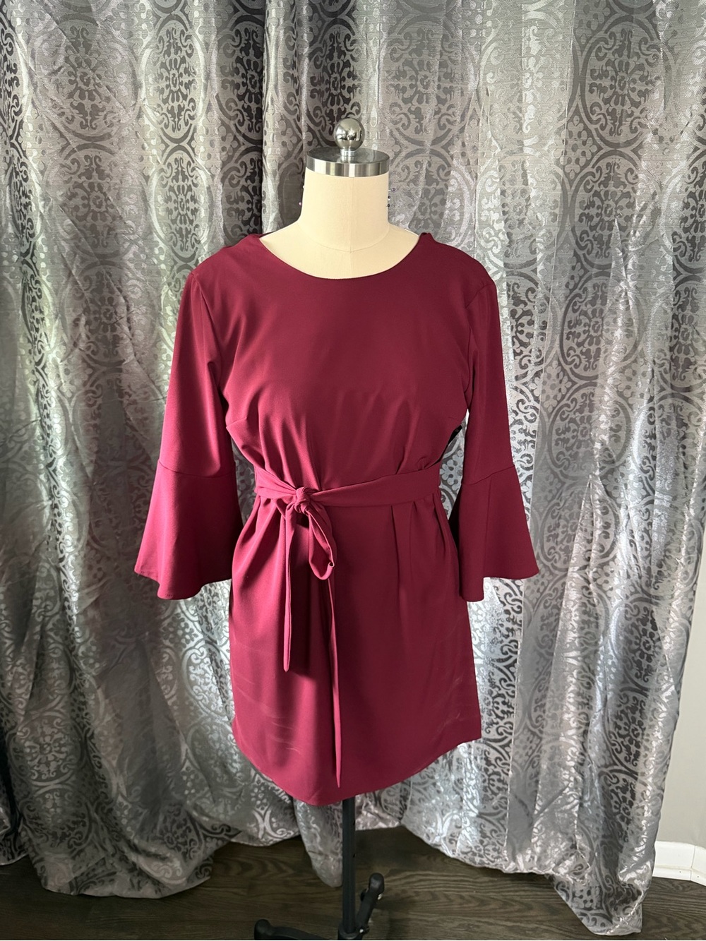 Lulus: Burgundy Tie-Waist Bell Sleeve Dress